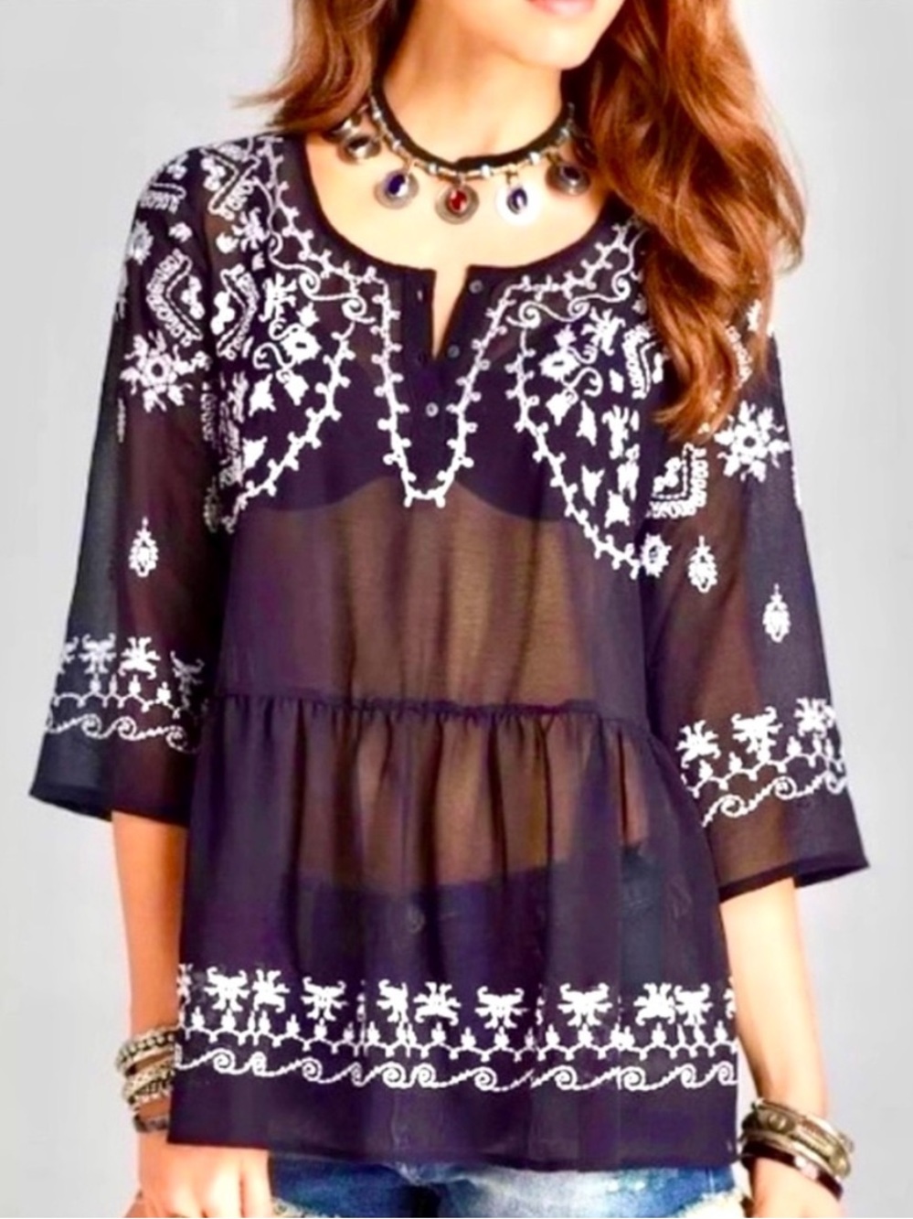 πΊπHPππΊ NWT Free People Pennies Sequel Embroidered Blouse - Picture 1 of 16